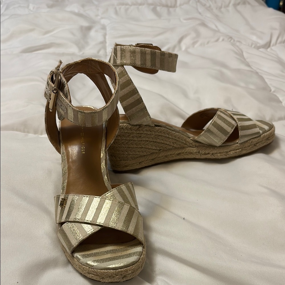 Gold Striped Tommy Hilfiger Ankle Strap Espadrille Shoes with Wedge Heel 6M